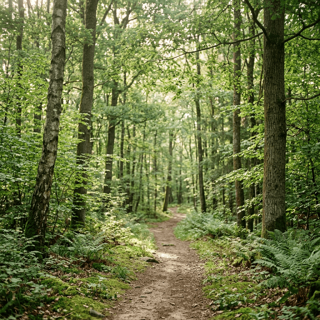 Dirt path winding through a dense forest with green trees and ferns
